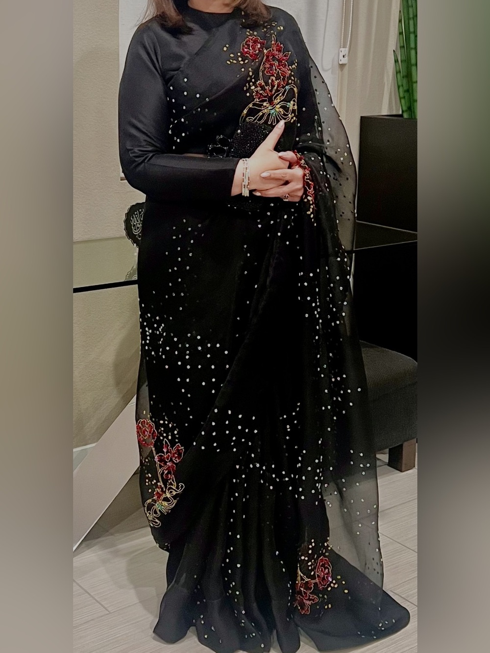 Black Embellished Maxi Dress with Red Floral Accents